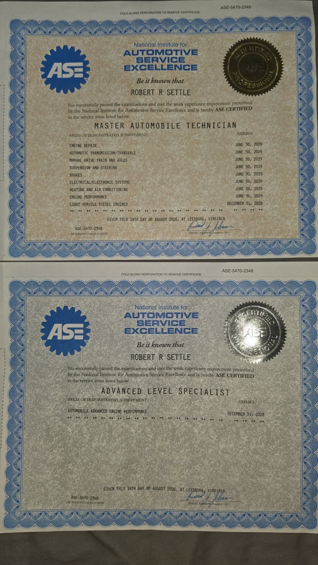 Robert Settle's ASE Master Technician and Advanced Level Specialist certificates